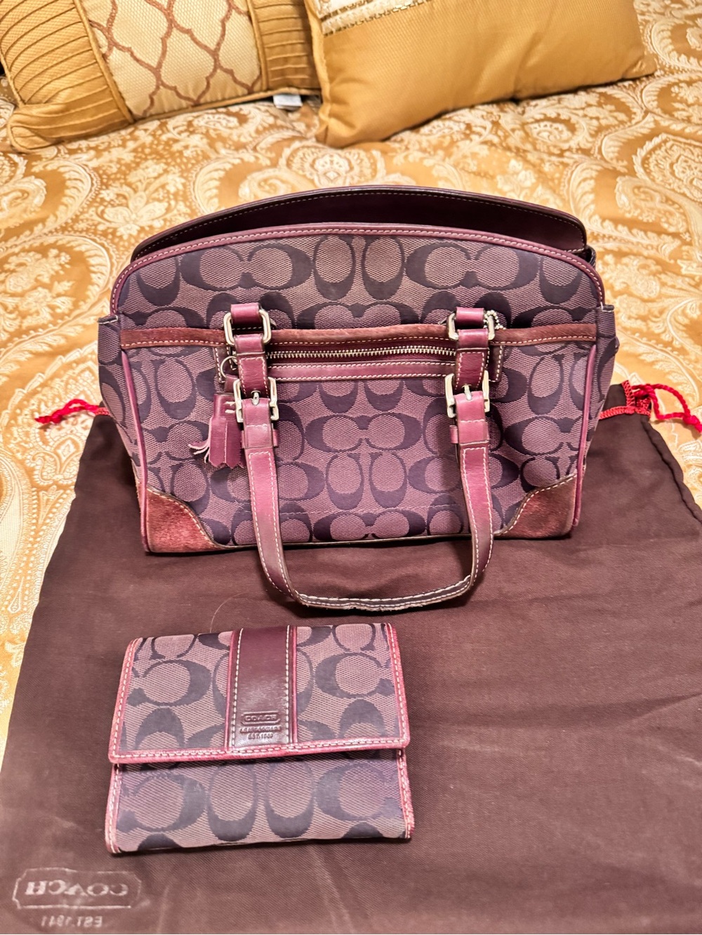 Coach Plum Signature Canvas Shoulder Bag with Matching Wallet